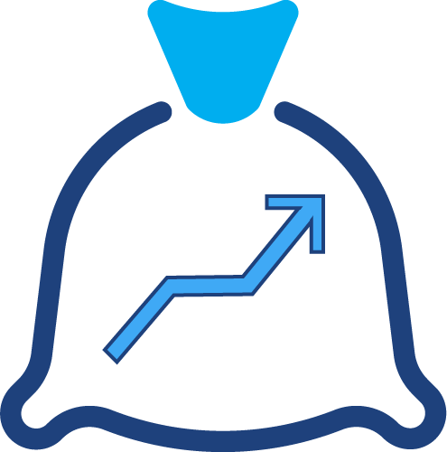 A graphical illustration of a money bag holding an upwards arrow